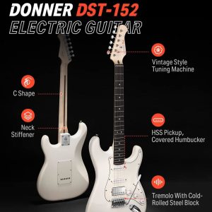 באנדל גיטרה חשמלית לבנה Donner DST-152 – כולל מגבר, שיעורי גיטרה אונליין ואביזרים מקצועיים לנגינה מושלמת