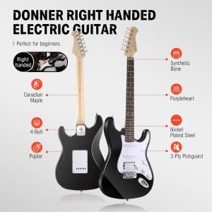 גיטרה חשמלית בצבע שחור שחורה DONNER DST-100 – כולל קורס גיטרה אונליין, מגבר מיני, תיק, קאפו, רצועה, טיונר, כבל ומפרטים