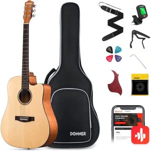 גיטרה עם ערכת אביזרים מלאה DONNER DAD-140C בצבע טבעי – כולל תיק, קאפו, רצועה, מפרטים וקורס אונליין לנגינה מושלמת