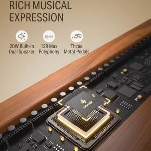 פסנתר חשמלי חום 88 קלידים שקולים Donner DDP-80 PLUS בעיצוב רטרו עם פדלים ורמקולים מובנים – סאונד מקצועי לבית ולמתחילים
