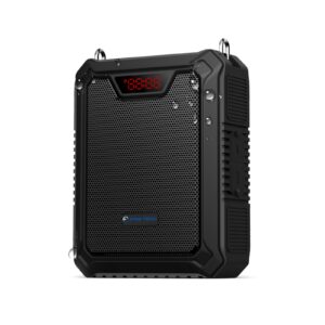 רמקול מוגבר נייד שחור 25W עם סוללה נטענת Bluetooth 5.0 ונגן MP3 – כולל מיקרופון מדונה, שרוך נשיאה ועמידות מים IPX5