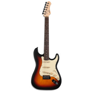 SQOE גיטרה חשמלית בסגנון סטרטוקסטר סאנברסט מט Sunburst Matt עם 3 סינגל קויל, 5 מצבים, גשר טרמולו, לוח רוזווד ו22 סריגים