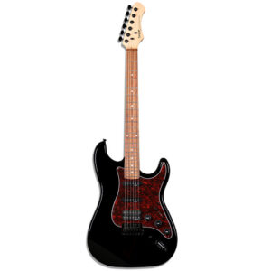 סטרטוקסטר שחור מבריק גיטרה חשמלית SQOE בסגנון Fender Stratocaster – שחור מבריק, HSS (2 Single + Humbucker), מתג 5 מצבים, גשר טרמולו, צוואר מייפל