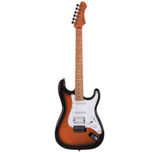 גיטרה חשמלית מייפל קלוי קנדי SQOE בסגנון Fender Stratocaster HSS עם צוואר Roast Maple קנדי, טרמולו ו־22 סריגים – Gloss Sunburst