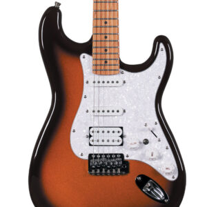 גיטרה חשמלית מייפל קלוי קנדי SQOE בסגנון Fender Stratocaster HSS עם צוואר Roast Maple קנדי, טרמולו ו־22 סריגים – Gloss Sunburst