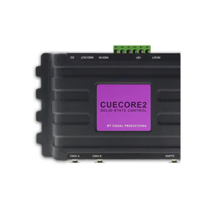 בקר תאורה אדריכלי CueCore2 מבית Visual Productions – עם 2 יוניברסים, שליטה ברשת, מגע יבש ו-6 פלייבקים עבור התקנות קבועות ושידור אפקטים דינמיים