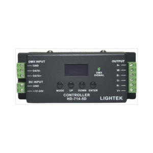 בקר לד עם מחברים מהירים DMX 5 ערוצים BM RGBW RGBWA דגם HD 714 5D 12V 24V עם RDM ותצוגת OLED לשליטה מקצועית על פסי וגופי LED