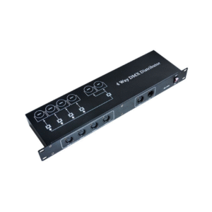 מפצל DMX עם ארבע יציאות לארון תקשורת 19 אינץ, פתרון מקצועי למערכות תאורה תומך בהפצת DMX ובידוד אופטימלי, מדגם TRDX-921.