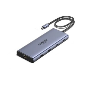 פתרון חיבוריות למחשב נייד UGREEN USB-C 10 ב-1 עם HDMI כפול, יציאות USB-A ו-USB-C, רשת, קורא כרטיסים וטעינה מהירה 100W – פתרון חיבוריות מתקדם למחשב נייד או נייח.