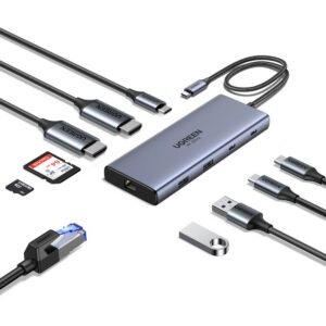 פתרון חיבוריות למחשב נייד UGREEN USB-C 10 ב-1 עם HDMI כפול, יציאות USB-A ו-USB-C, רשת, קורא כרטיסים וטעינה מהירה 100W – פתרון חיבוריות מתקדם למחשב נייד או נייח.