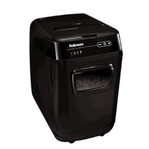 מגרסת נייר אוטומטית Fellowes AutoMax 200C – גריסה עד 200 דפים, חיתוך Cross-Cut 4x38mm, מיכל 32 ליטר, רמת אבטחה DIN P-4, גריסת כרטיסי אשראי ודיסקים, טכנולוגיית SureFeed, גריסה שקטה SilentShred