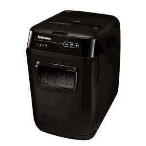 מגרסת רצועות אוטומטית Fellowes AutoMax 150C – גריסה עד 150 דפים, חיתוך Cross-Cut 4X38 מ”מ, רמת אבטחה DIN 3, גריסת סיכות וכרטיסי אשראי, SilentShred, מיכל 32 ליטר