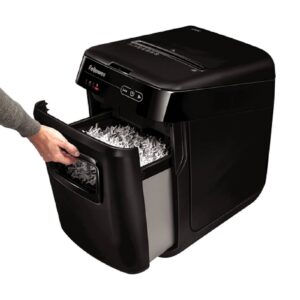 מגרסת רצועות אוטומטית Fellowes AutoMax 150C – גריסה עד 150 דפים, חיתוך Cross-Cut 4X38 מ”מ, רמת אבטחה DIN 3, גריסת סיכות וכרטיסי אשראי, SilentShred, מיכל 32 ליטר