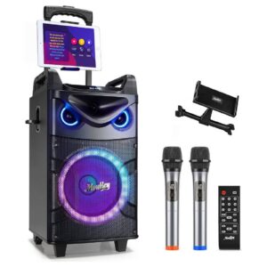 בידורית קריוקי ניידת Moukey MTs10-2 עם Bluetooth, סאב וופר 10 אינץ’, טוויטר 3 אינץ’ ו-2 מיקרופונים, עם אורות לד וטרולי MK3016 – מערכת סאונד ניידת למסיבות ושירה
