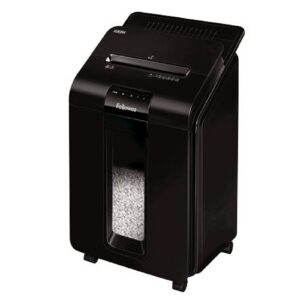 מגרסה משרדית Fellowes AutoMax 100M – גריסה אוטומטית עד 100 דפים, חיתוך מיני 4×10 מ”מ, רמת אבטחה P-4, מיכל 23 ליטר, גריסת כרטיסי אשראי וסיכות, גריסה רציפה עד 15 דקות