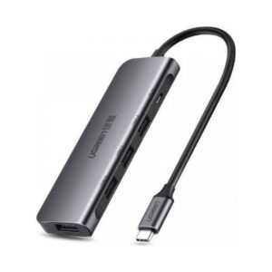חיבור ציוד היקפי מקצועי Type-C UGREEN 6 ב-1 – HDMI 4K 30Hz, PD, USB 3.0×3, USB-C נוסף, שקע אוזניות 3.5 מ״מ, תואם MacBook Lenovo HP