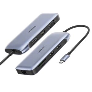 מתאם עם כרטיסי זיכרון UGREEN USB-C רב-חיבורים – HDMI 4K ו-VGA, PD 3.0, Gigabit Ethernet, USB 3.0×3, קורא כרטיסים כפול, תמיכה במסכים כפולים, תואם MacBook Lenovo HP