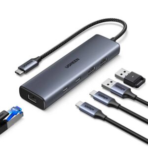 פתרון לחיבוריות משרדית UGREEN 6 ב-1 USB-C עם חיבור רשת Ethernet, 3 יציאות USB, RJ45 מהיר, קורא כרטיסים – פתרון חיבוריות קומפקטי ומהיר לכל מכשיר