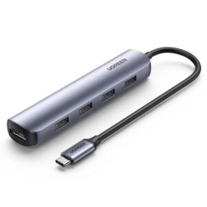 פתרון חיבוריות קומפקטי UGREEN USB-C עם HDMI ו-4 יציאות USB 3.0 מהירות – פתרון חיבוריות מהירה וקומפקטי למחשב נייד, עם חיבור HDMI 4K וטעינה מהירה.