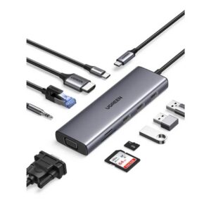 חיבור עד שני מסכים UGREEN 10 ב-1 100W PD עם HDMI 4K 30Hz, יציאות USB-A, יציאת אודיו, חיבורי VGA ו-HDMI, טעינה מהירה למחשב נייד.
