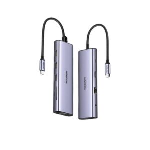חיבור עד שני מסכים UGREEN 10 ב-1 100W PD עם HDMI 4K 30Hz, יציאות USB-A, יציאת אודיו, חיבורי VGA ו-HDMI, טעינה מהירה למחשב נייד.