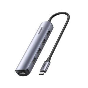 סגסוגת אלומיניום דק 5 ב-1 UGREEN USB-C עם Ethernet ו-HDMI – חיבור USB 3.0 מהיר, פלט 4K, יציאת Ethernet Gigabit, סגסוגת אלומיניום, פתרון חיבוריות קומפקטי.