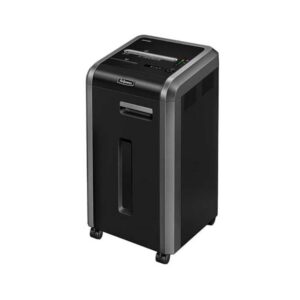 מגרסת נייר לגריסת מהדקים ואטבים Fellowes 225MI – מגרסת P4 Cross Cut שקטה, עד 20 דפים, מיכל 60 ליטר, גורס כרטיסי אשראי, דיסקים ומהדקים