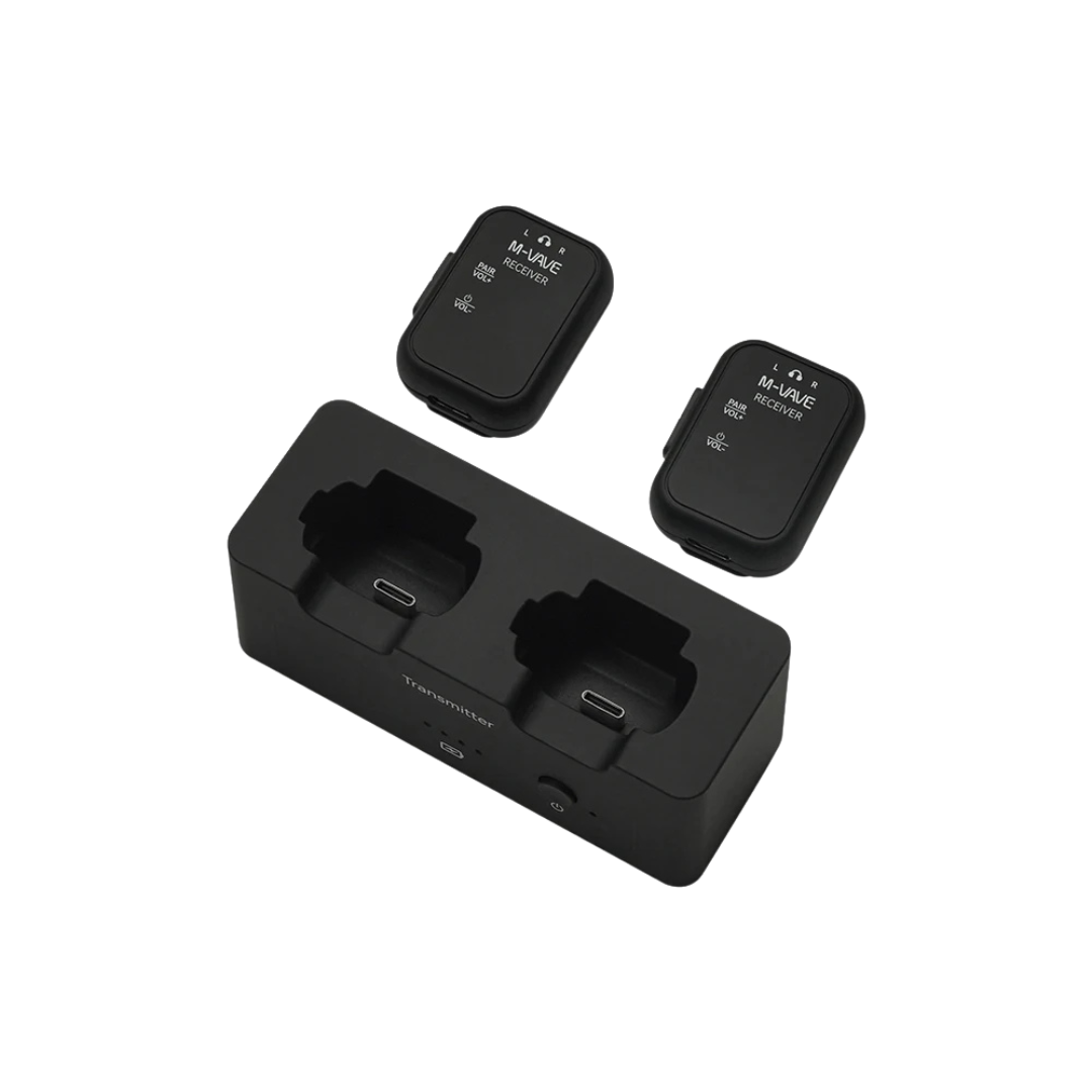 מוניטור In-Ear אלחוטי 2.4GHz לזוג נגנים – M‑VAVE WP‑12 2 מערכת In-Ear אלחוטית M-VAVE WP-12 – תחנת טעינה ומשדר עם שני מקלטים