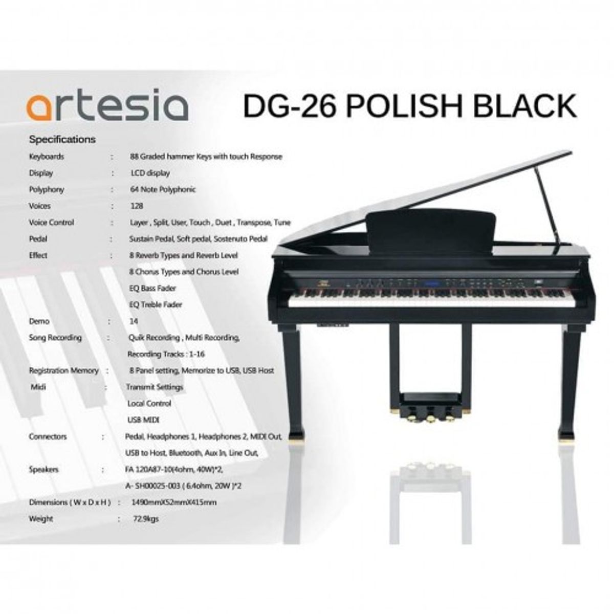 פסנתר Artesia DG-26 BLC – פסנתר כנף חשמלי 3 פסנתר כנף חשמלי Artesia DG-26 – מבט 1