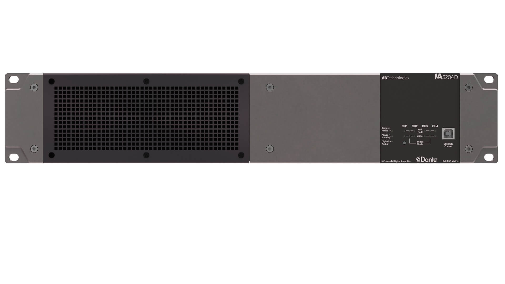 מגבר התקנות דיגיטלי עוצמתי dB Technologies IA3204D עם 4 ערוצים בהספק כולל של 3200W 2 IA3204D front 80mm 11zon.jpg