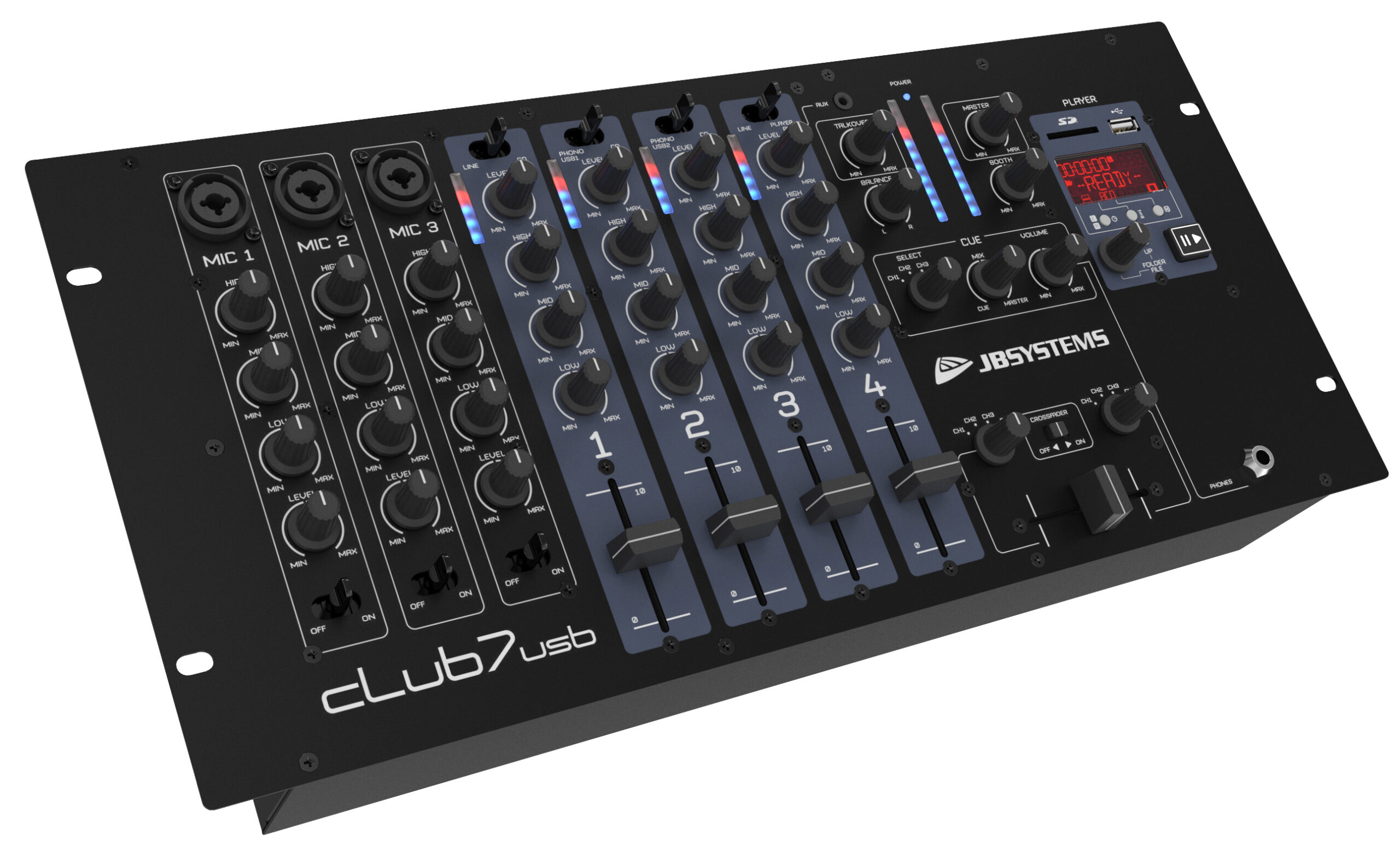 מיקסר ראק JB-Systems Club7-USB – 7 ערוצים עם נגן USB/SD מובנה (יבוא בלעדי) 1 club7 usb front 5hr.jpg