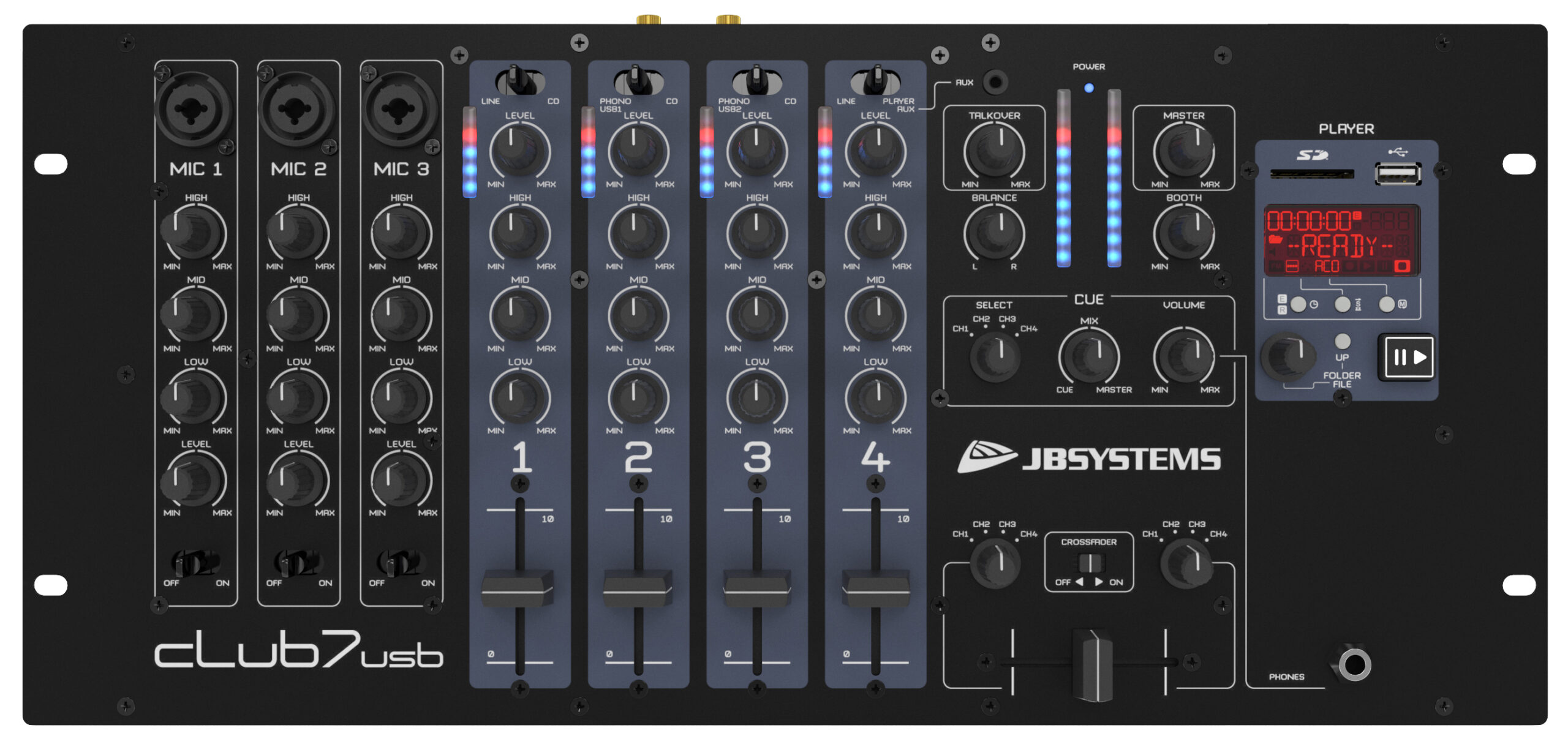 מיקסר ראק JB-Systems Club7-USB – 7 ערוצים עם נגן USB/SD מובנה (יבוא בלעדי) 3 club7 usb front 6hr.jpg