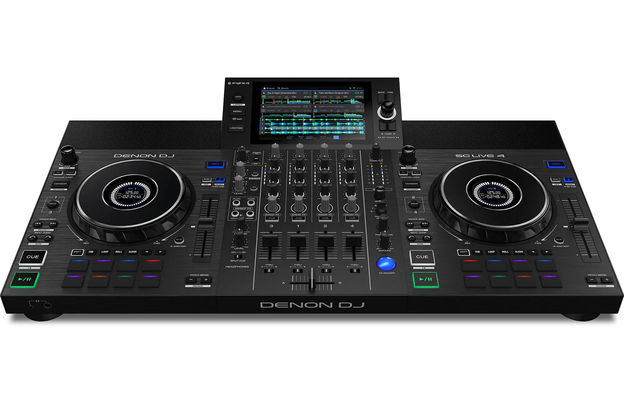 מערכת DJ עצמאית Denon DJ SC LIVE 4 – 4 ערוצים, מסך מגע 7 אינץ' ורמקולים מובנים 3 denon dj sc live 4 front angle view.webp
