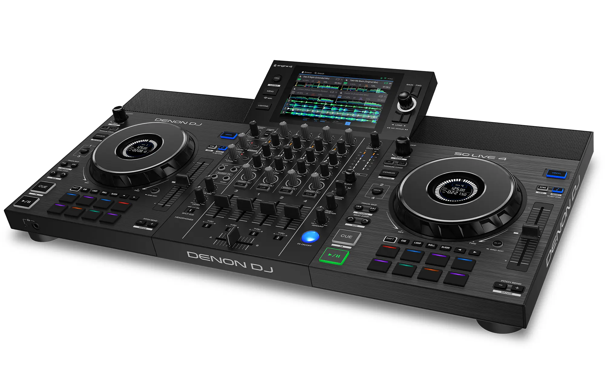 מערכת DJ עצמאית Denon DJ SC LIVE 4 – 4 ערוצים, מסך מגע 7 אינץ' ורמקולים מובנים 5 denon dj sc live 4 left angle view.webp