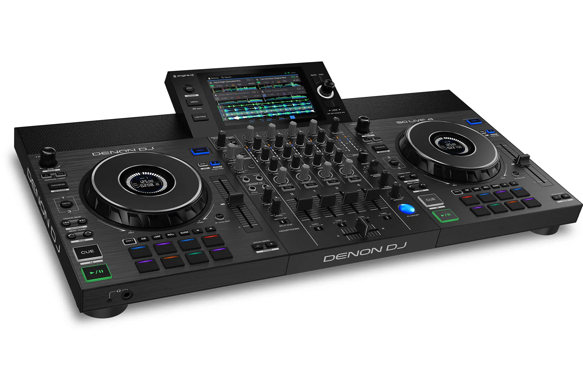 מערכת DJ עצמאית Denon DJ SC LIVE 4 – 4 ערוצים, מסך מגע 7 אינץ' ורמקולים מובנים 4 denon dj sc live 4 right angle view.webp