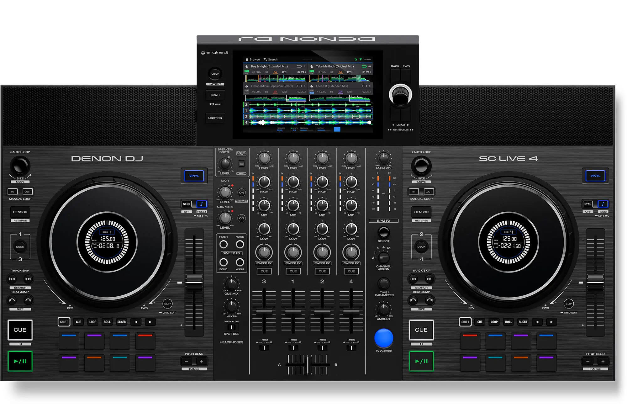 מערכת DJ עצמאית Denon DJ SC LIVE 4 – 4 ערוצים, מסך מגע 7 אינץ' ורמקולים מובנים 2 denon dj sc live 4 top view.webp