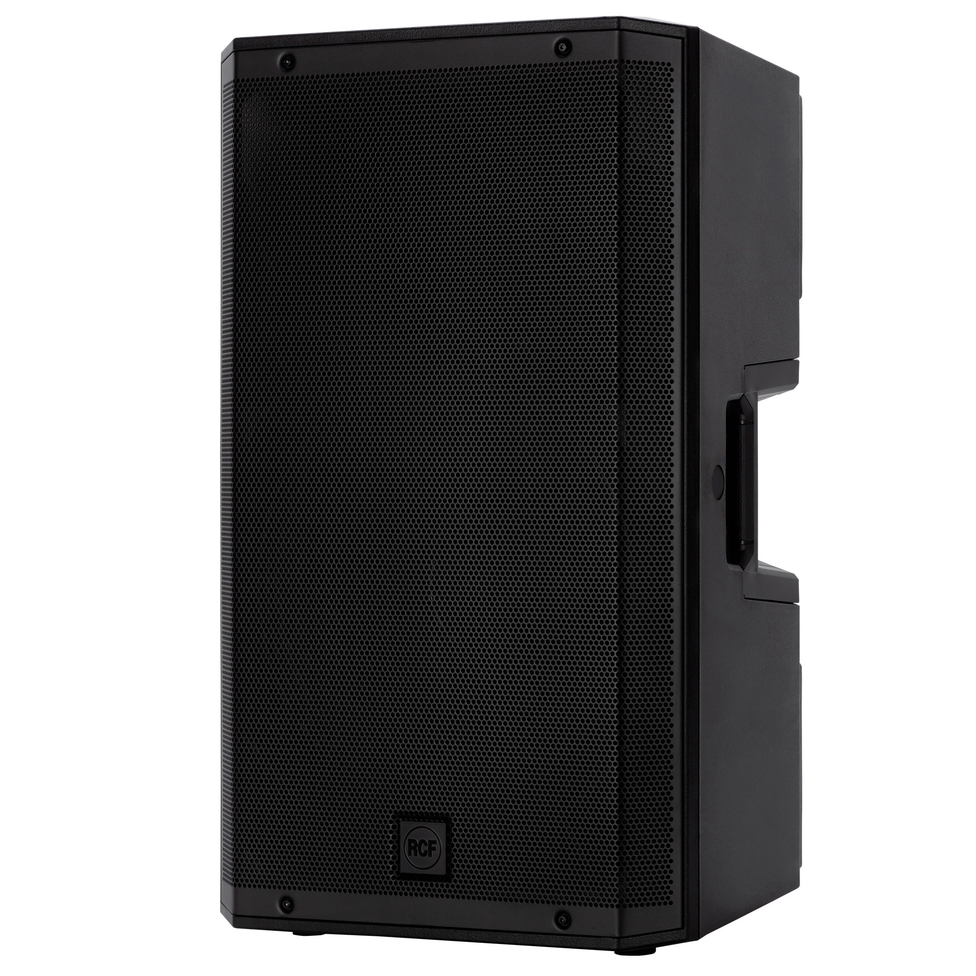 רמקול מוגבר RCF ART 945-A – 15 אינץ׳, 2100W ו־135dB 2 RCF ART 945-A מזווית חזית וצד שמאל עם ידית נשיאה