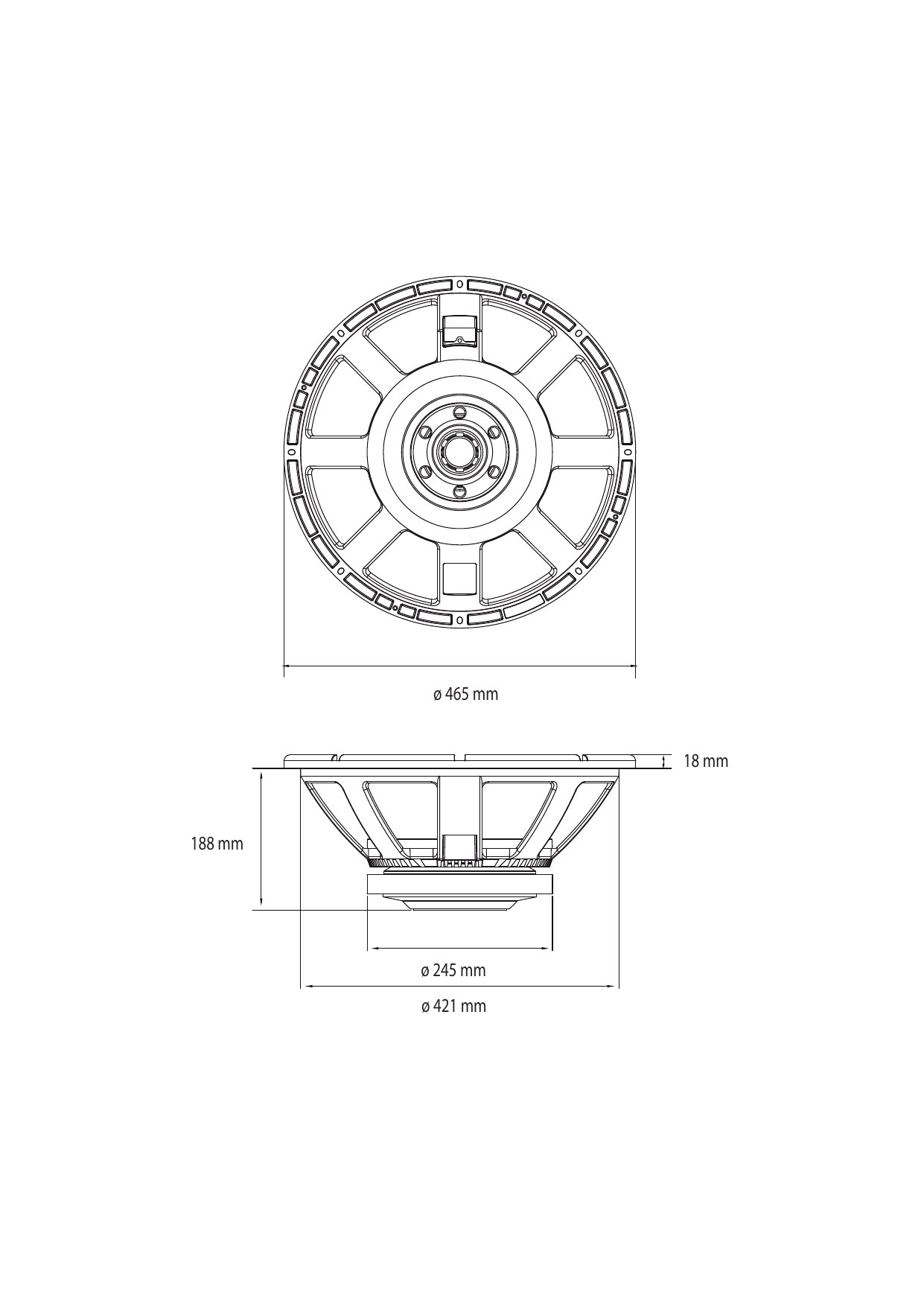 RCF LF18X401 דרייבר סאב 18 אינץ׳ 8Ω בהספק 1500W AES 4 שרטוט מידות התקנה רשמי של RCF LF18X401
