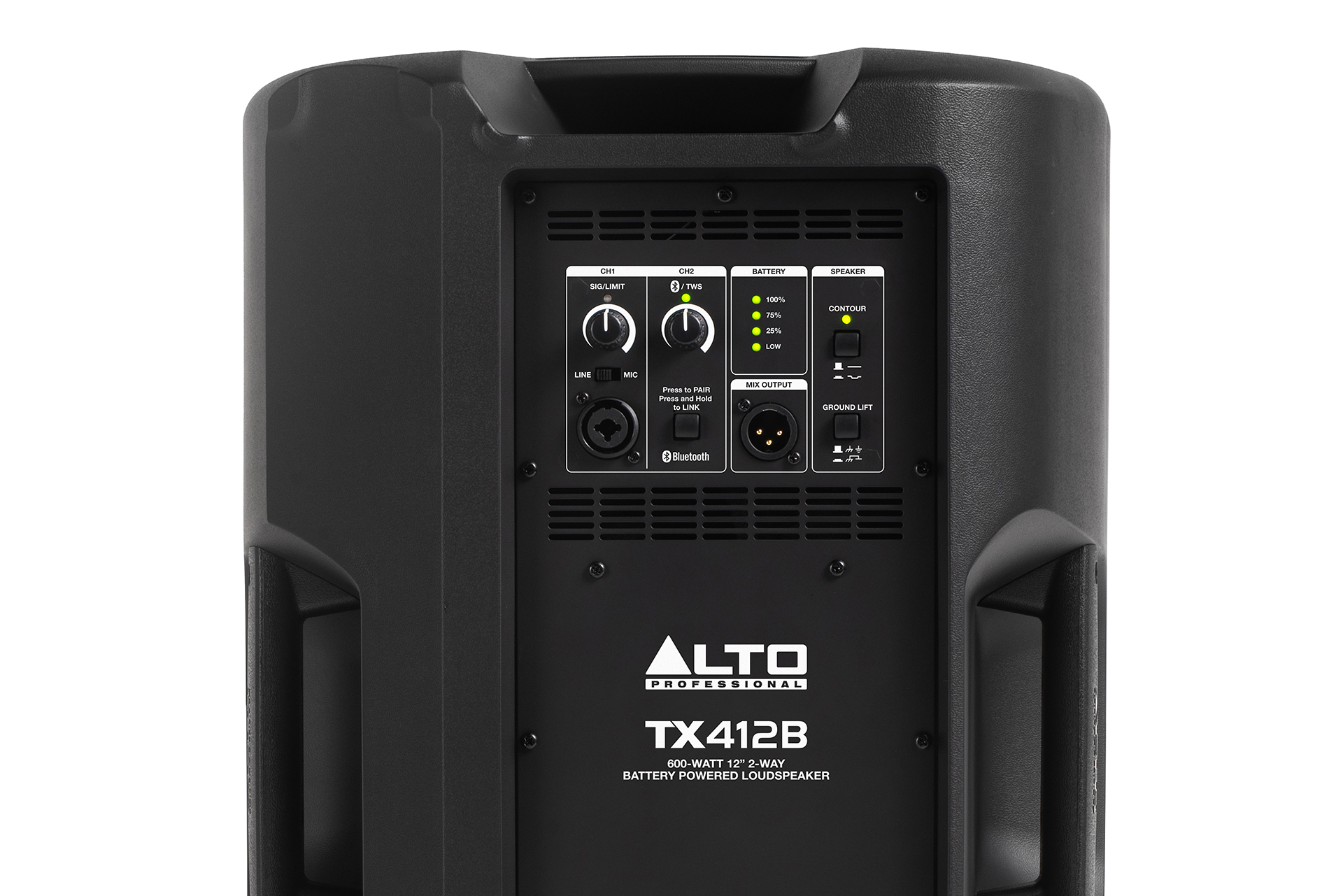 רמקול מוגבר נייד Alto Professional TX412B – 12 אינץ׳, 600W וסוללה 2 לוח החיבורים והשליטה האחורי של Alto Professional TX412B