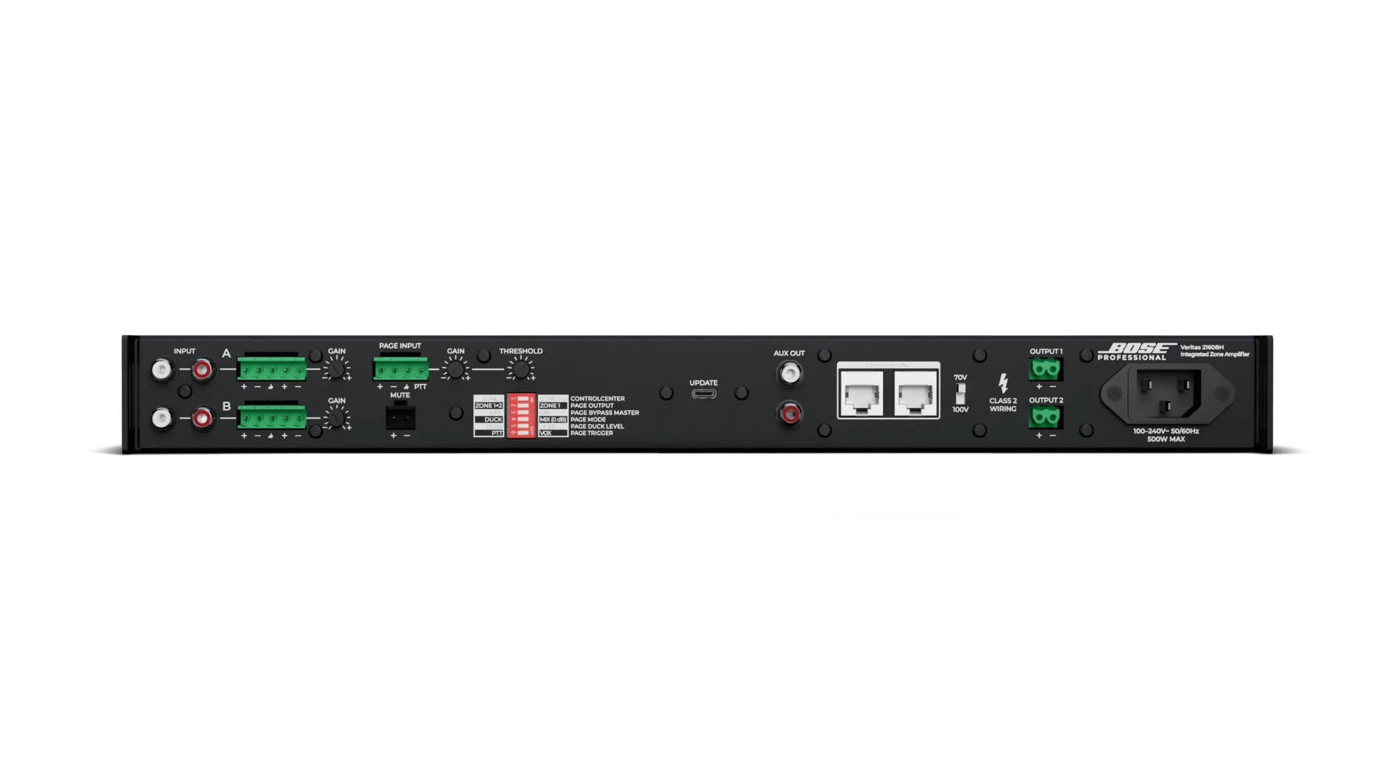 מגבר התקנה Bose Professional Veritas 2160BH – 2×160W עם DSP ו־Bluetooth 2 לוח החיבורים האחורי של Bose Professional Veritas 2160BH