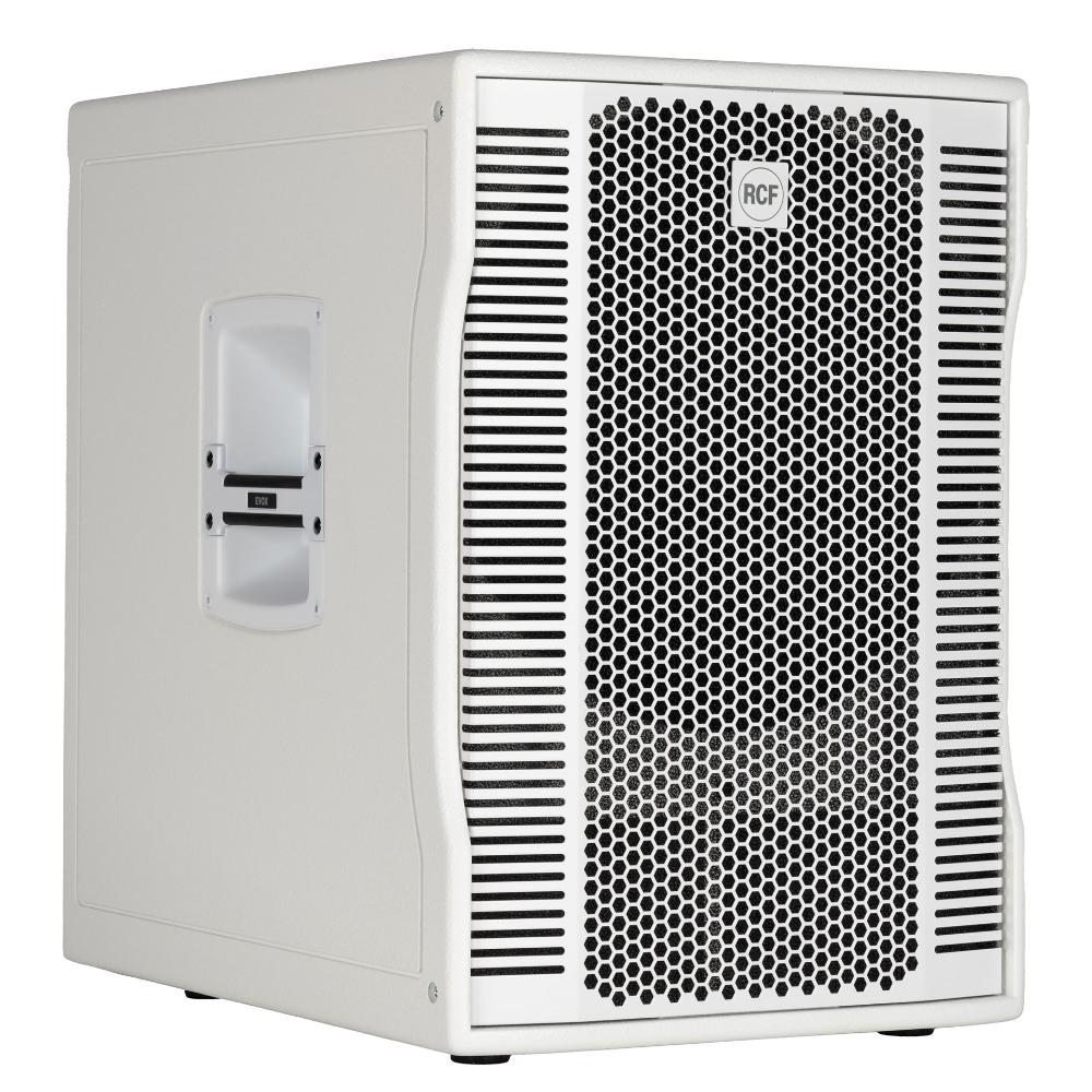 מערכת הגברה עמודית לבנה RCF EVOX 12 W – סאב 15 אינץ׳, 1400W 2 יחידת הסאב הלבנה של RCF EVOX 12 W – מבט שלושה רבעים עם ידית צד