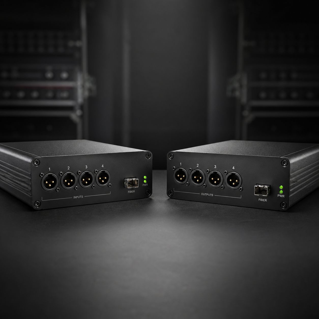 זוג ממירי 4 ערוצי XLR מאוזן על סיב אופטי עד 20 ק״מ 1 זוג ממירי 4 ערוצי XLR מאוזן על סיב אופטי
