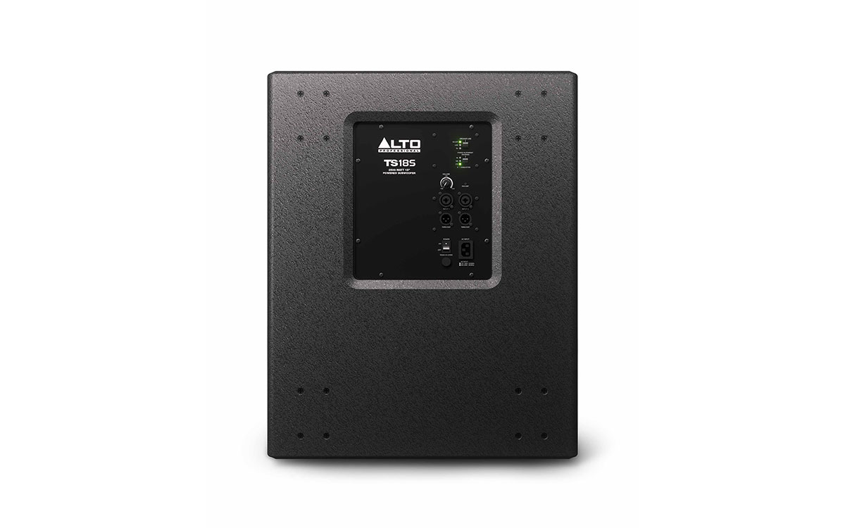 סאב וופר מוגבר Alto Professional TS18S – 18 אינץ׳, 2500W ו‑137dB 3 הפאנל האחורי של Alto TS18S עם שתי כניסות Combo, שתי יציאות XLR, בורר EQ ובקרת יישור פאזה
