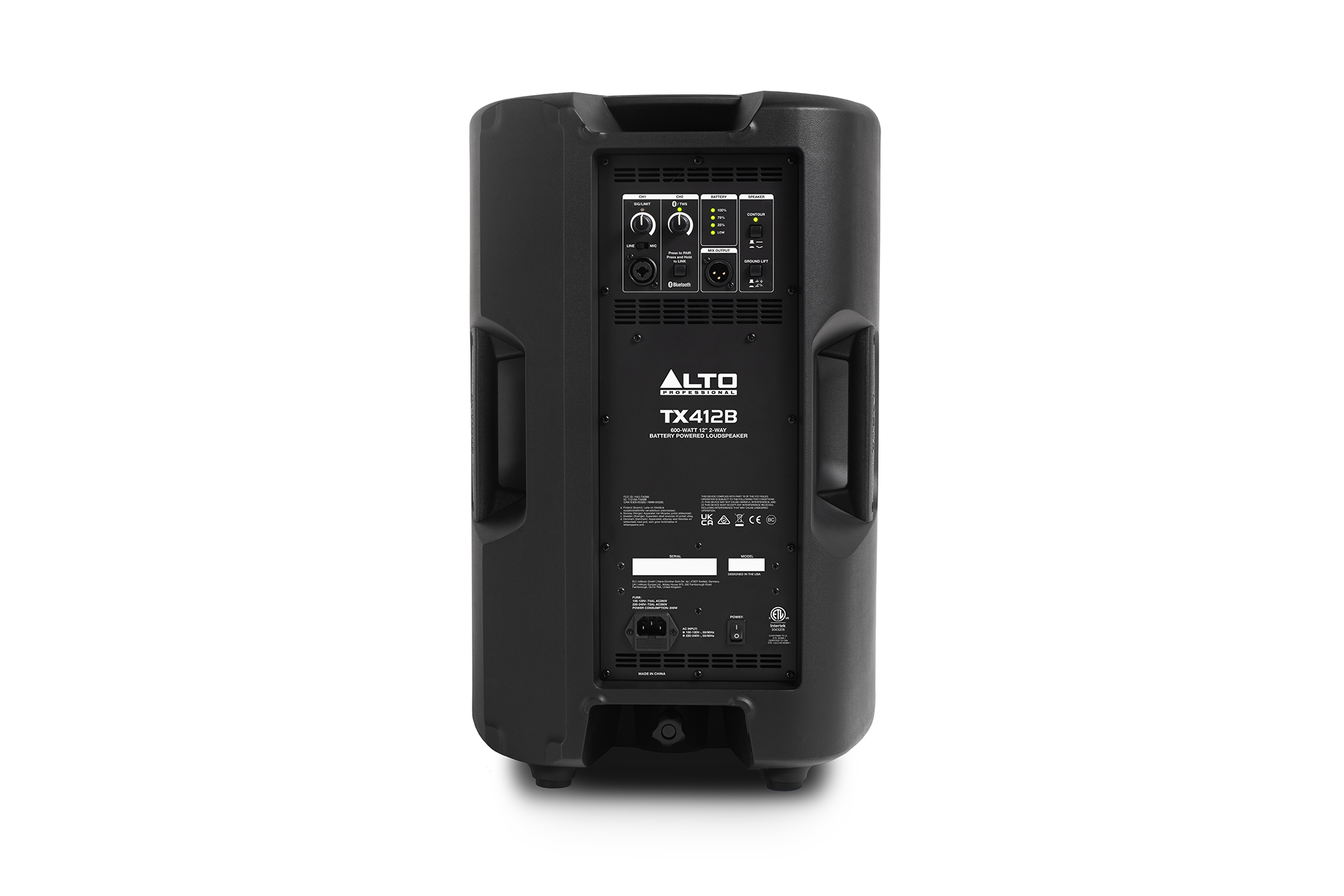 רמקול מוגבר נייד Alto Professional TX412B – 12 אינץ׳, 600W וסוללה 3 מבט אחורי על רמקול Alto Professional TX412B