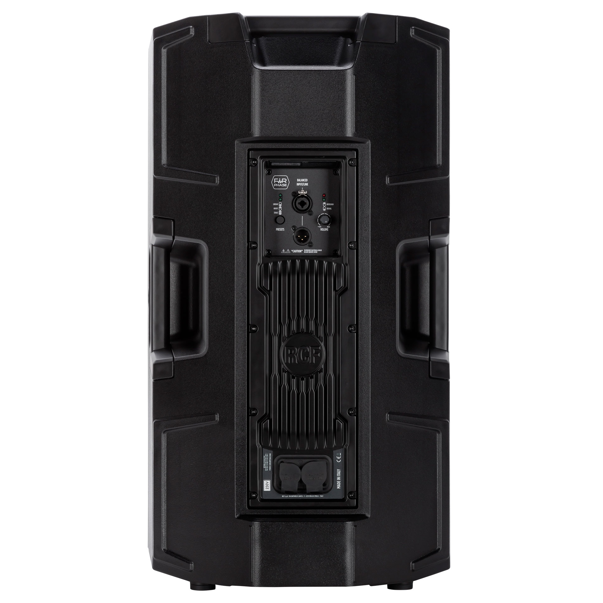 רמקול מוגבר RCF ART 945-A – 15 אינץ׳, 2100W ו־135dB 4 גב הרמקול RCF ART 945-A עם המגבר הידיות והחיבורים