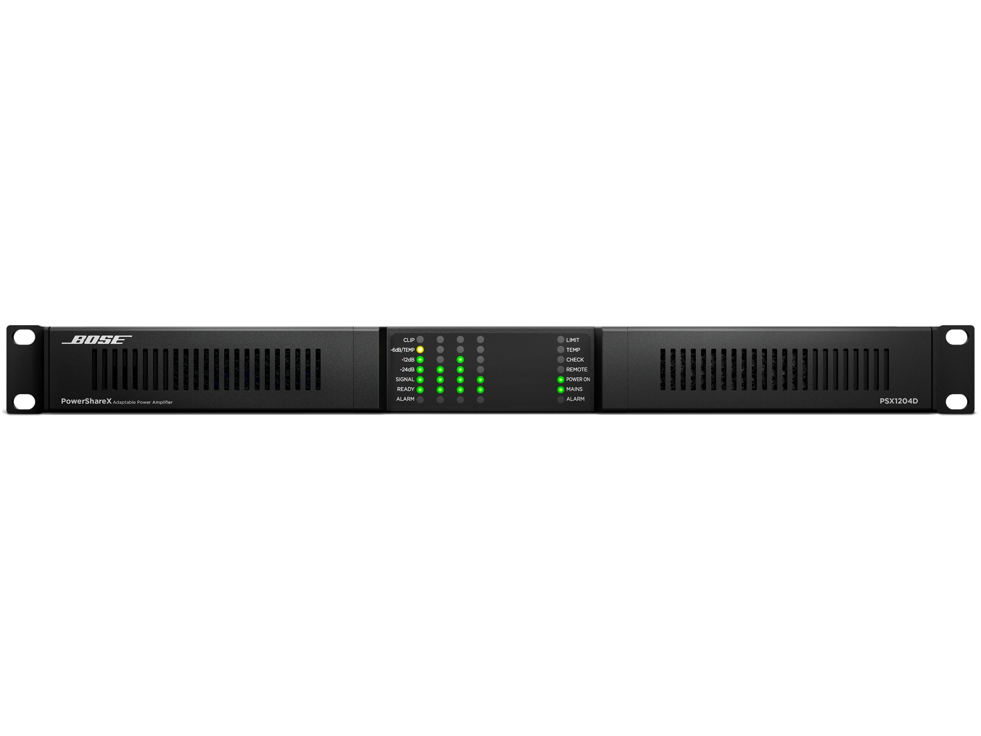 מגבר התקנות Bose PowerShareX PSX1204D – 4×300W, Dante ו-DSP 4 Bose PowerShareX PSX1204D amplifier front panel