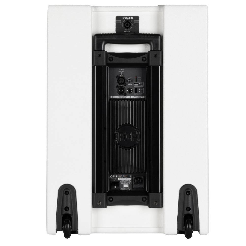 מערכת הגברה עמודית לבנה RCF EVOX 12 W – סאב 15 אינץ׳, 1400W 4 גב יחידת הסאב הלבנה RCF EVOX 12 W – מגבר, כניסות, בקרה, ידית וגלגלים