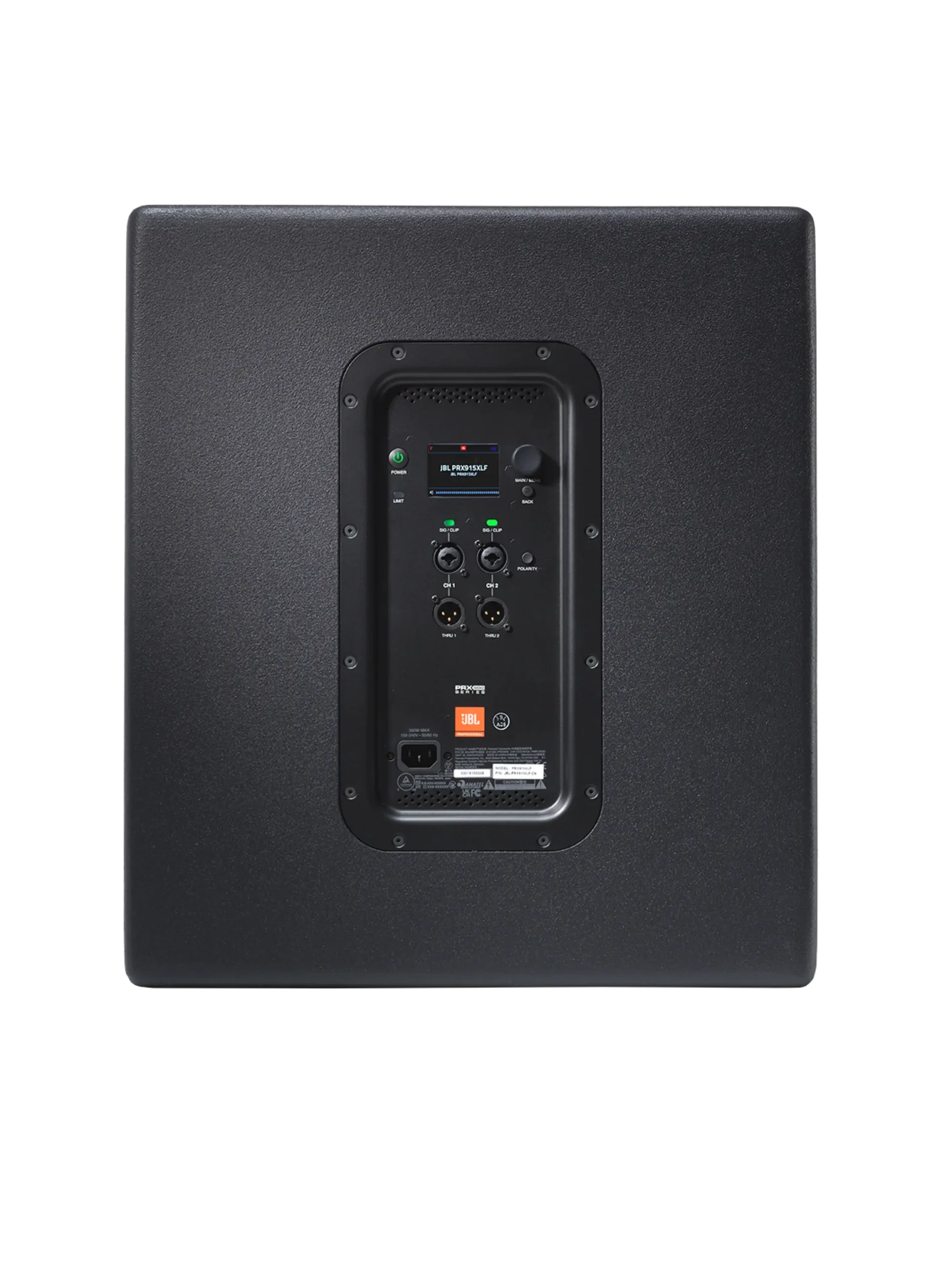 סאב וופר מוגבר JBL PRX915XLF – 15 אינץ׳ 2000W עם DSP 5 הפאנל האחורי של JBL PRX915XLF עם מסך LCD, שתי כניסות Combo ושתי יציאות XLR