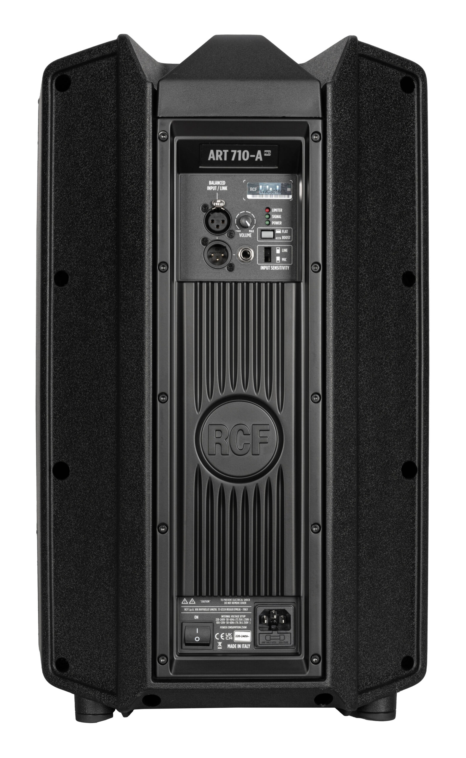 רמקול מוגבר RCF ART 710-A MK5 – 10 אינץ׳, 1400W ו־129dB 5 גב RCF ART 710-A MK5 עם כניסת Combo יציאת XLR מצב Boost ותג 220 עד 240 וולט
