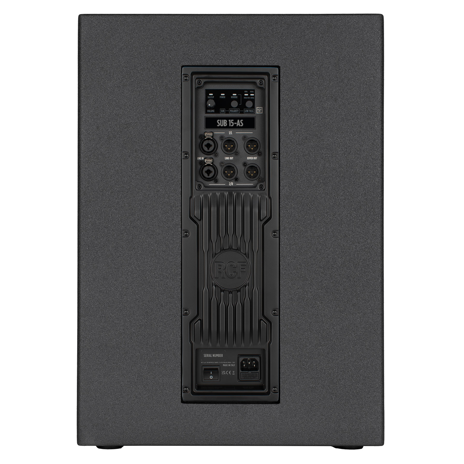 סאב וופר מוגבר RCF SUB 15-AS – 15 אינץ׳, 2200W 5 הפאנל האחורי של RCF SUB 15-AS עם כניסות Combo ויציאות XLR